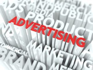 words ( brand, public, ads, media, product, marketing, commercial ), the word Advertising is embossed and in red color