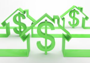 three light green color houses with dollar sign