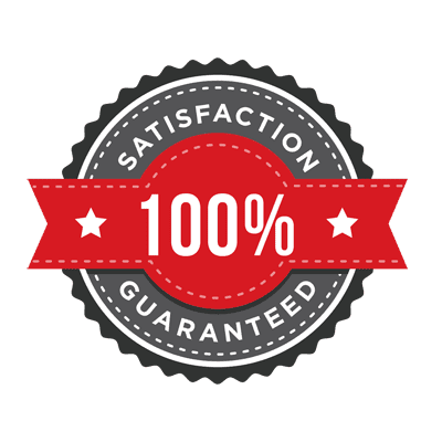 This grey and red satisfaction guarantee badge demonstrates the high-quality property management Hoffman Realty offers.