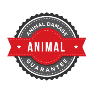 This grey and red animal damage guarantee badge demonstrates the high-quality property management Hoffman Realty offers.