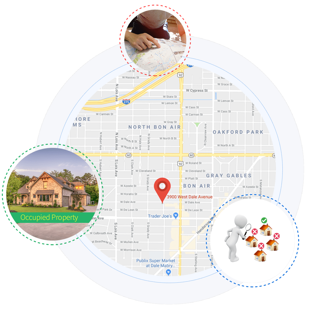 An image illustrating Hoffman Realty's Tampa property manager marketing process: a circular map, bordered by a person pointing at a map, a cartoon figure looking through a magnifying glass at houses, and an image of a home with a banner that reads: "Occupied Property." An image illustrating Hoffman Realty's Tampa property manager marketing process: a circular map, bordered by a person pointing at a map, a cartoon figure looking through a magnifying glass at houses, and an image of a home with a banner that reads: "Occupied Property."