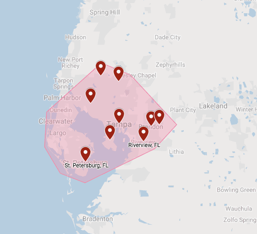 A map showing an area in pink, which is where homeowners are served with full service property management by Hoffman Realty